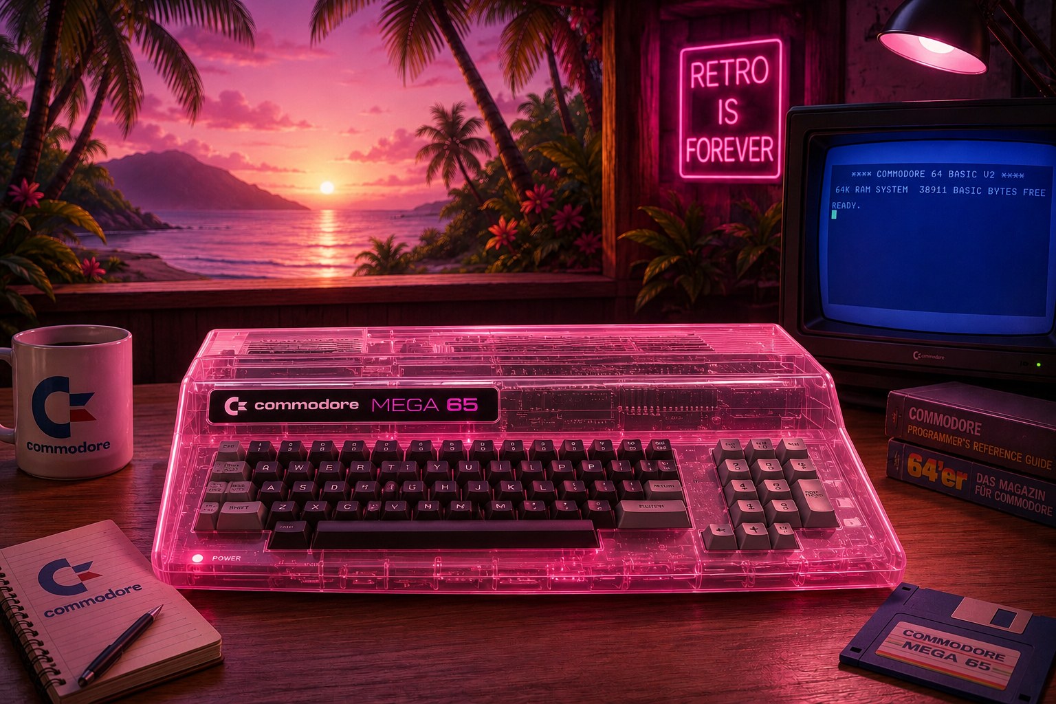 Pinker Commodore vor einem Bildschirm mit Palmen und Sonnenuntergang